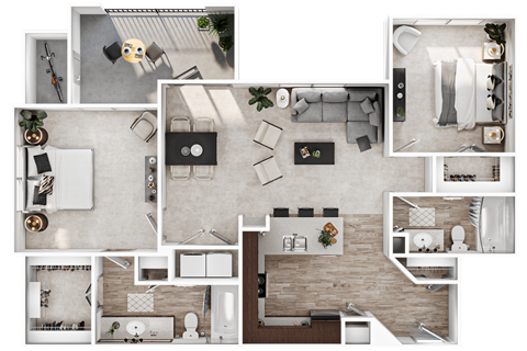 Floor plan for 2 beds, 2 baths, 1071 sqft